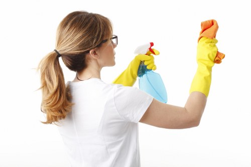 Cleaner following safe handling procedures during carpet cleaning